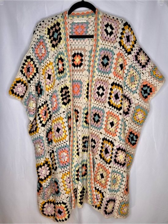 By Together Sweaters - Bohemian Festival Gypsy Crochet Granny Square Poncho Cardigan in Cream/Multi